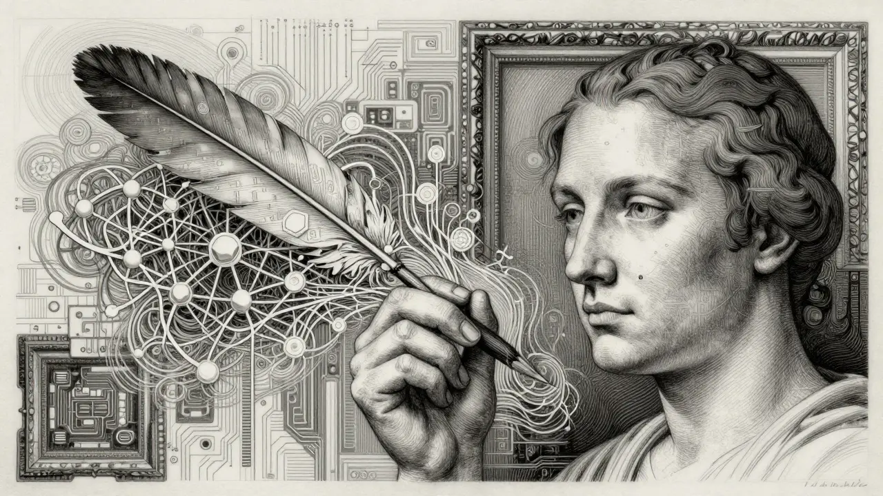 Etching of artist's hand merging quill with AI data streams and circuits
