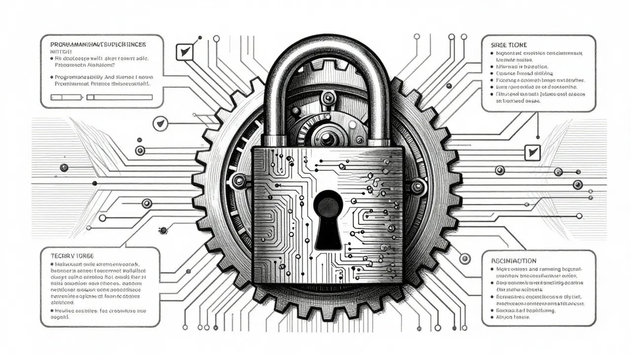 Etching of gears and circuits symbolizing smart contract logic