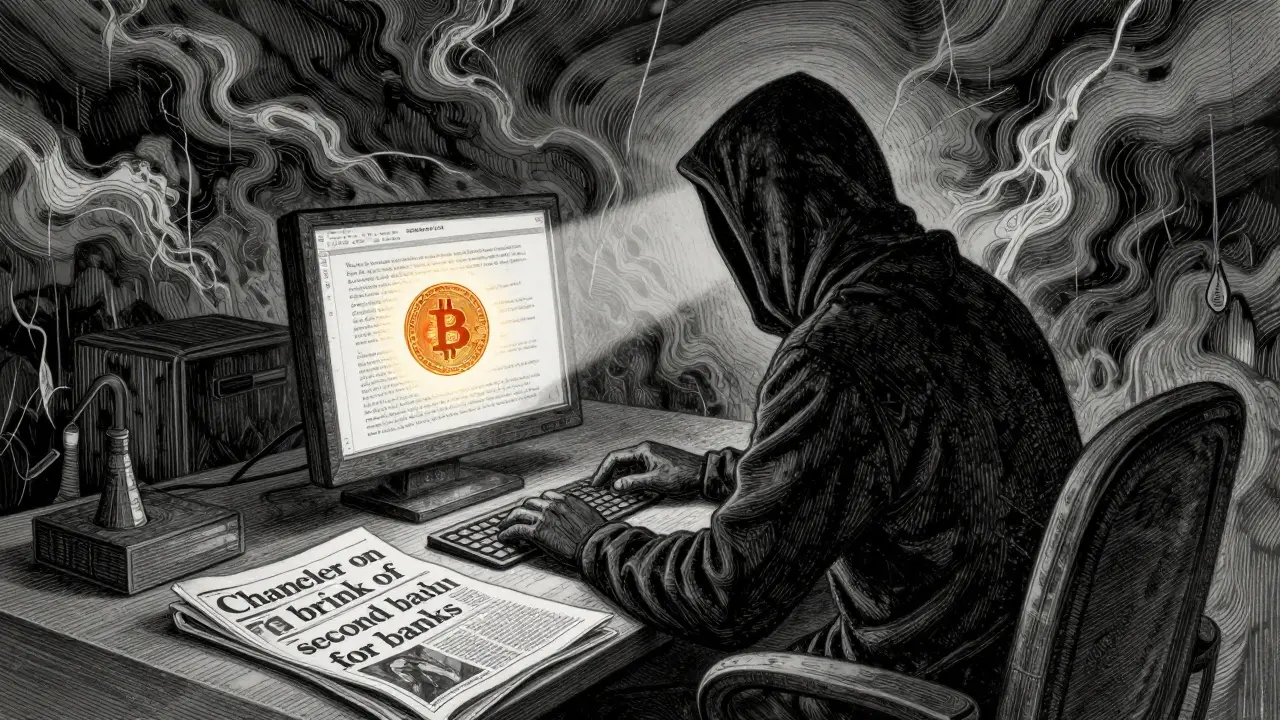 Etching of Satoshi Nakamoto publishing the Bitcoin whitepaper during the 2008 financial crisis.