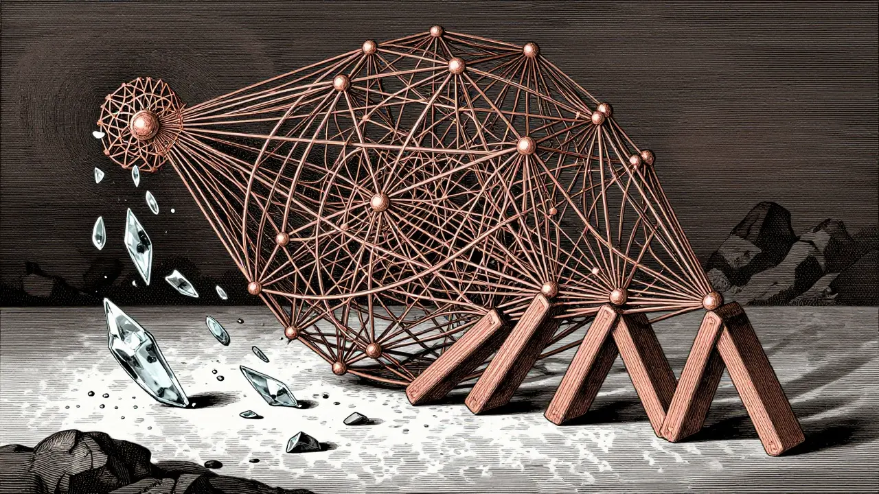 Etching showing a cascading structural failure representing DeFi systemic risks.