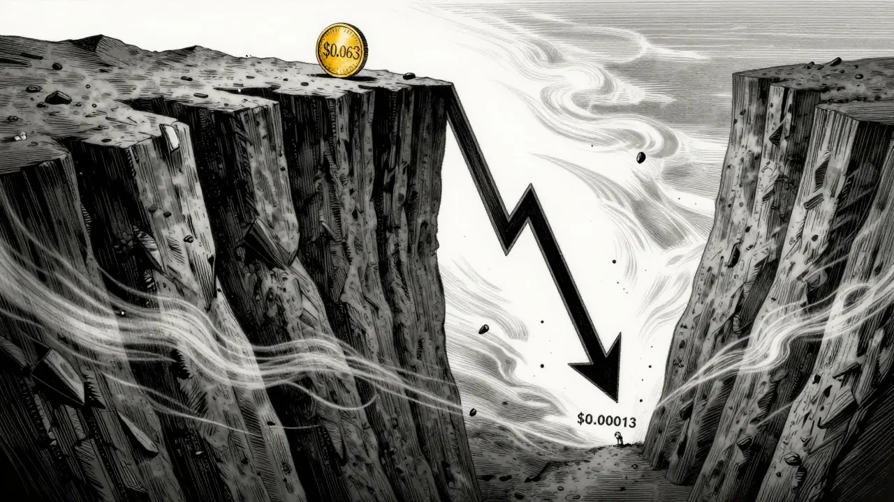 Etching showing a steep cliff representing the 99% drop in GENS token value since 2022