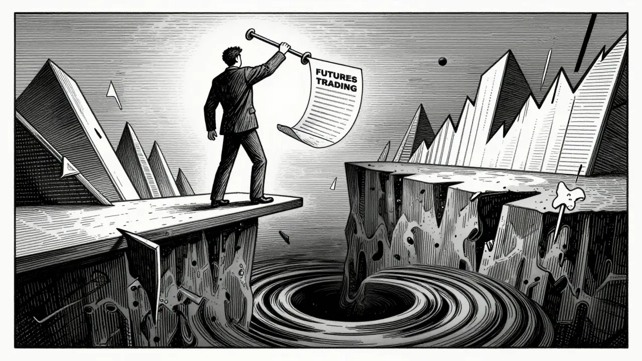 Etching showing a trader on a tightrope with risky futures contracts.