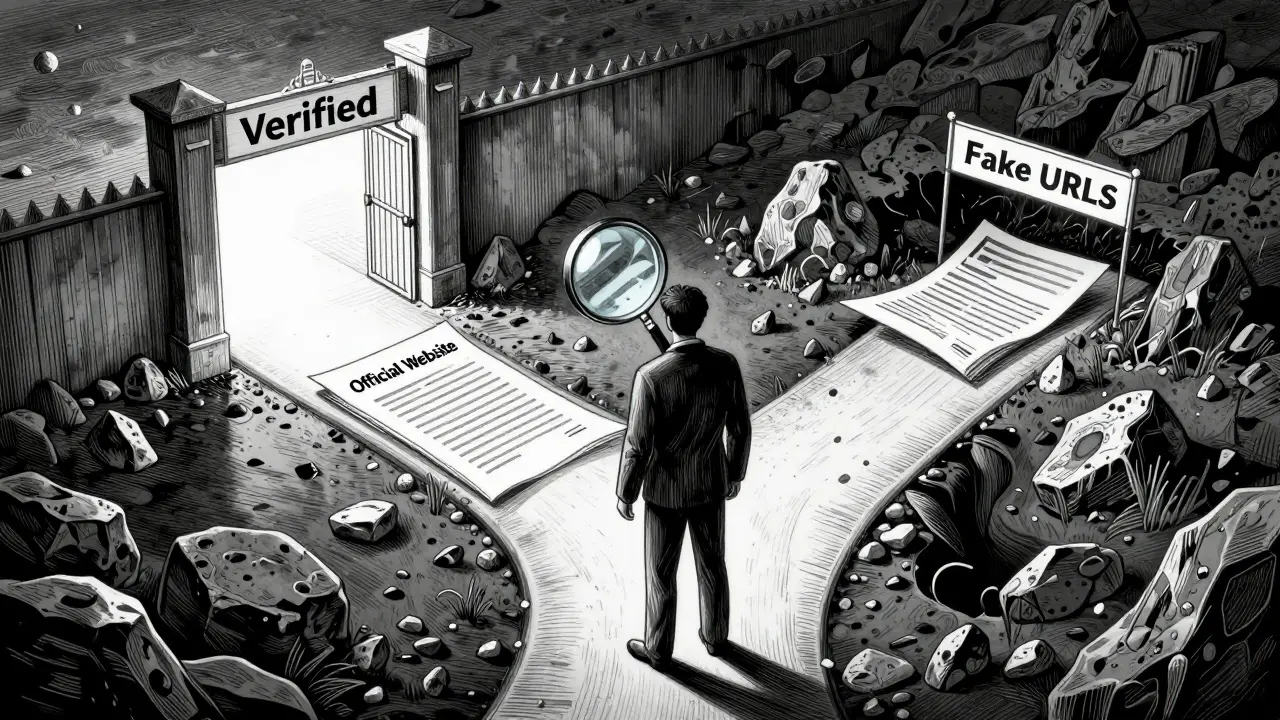 Etching showing a user verifying crypto sources at a forked path