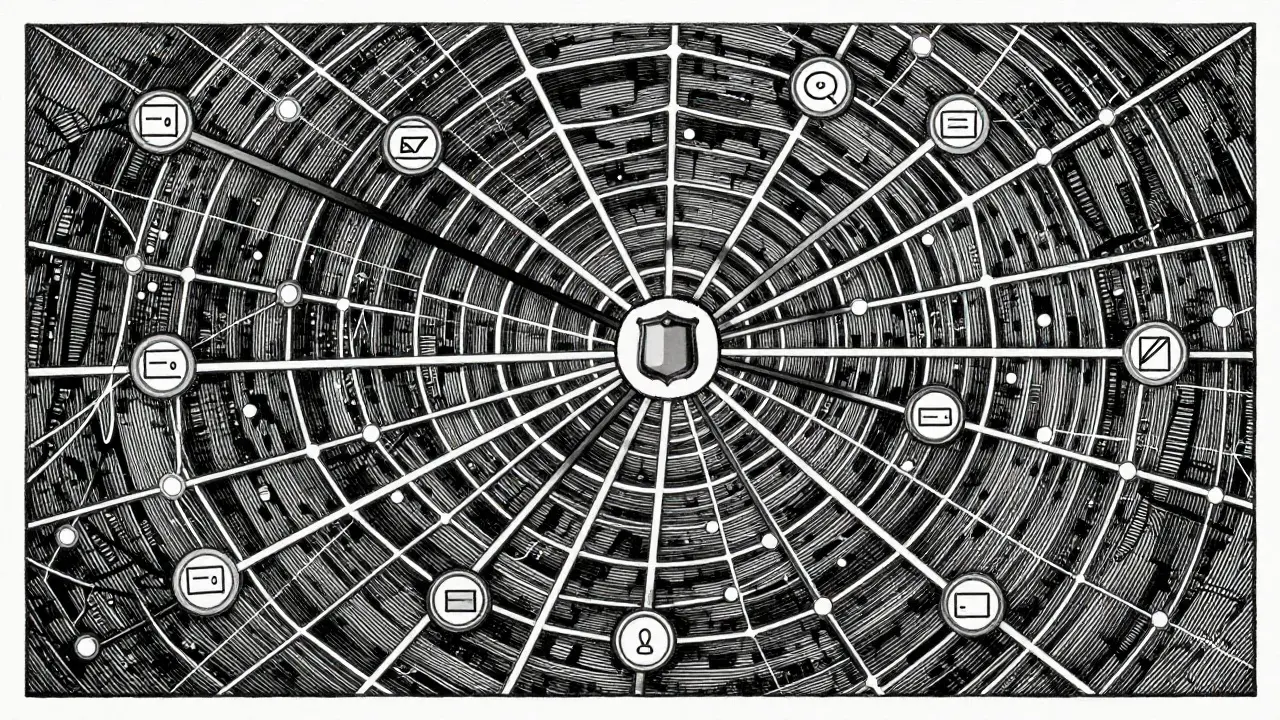 Etching showing blockchain analytics tracing fund flows through a web