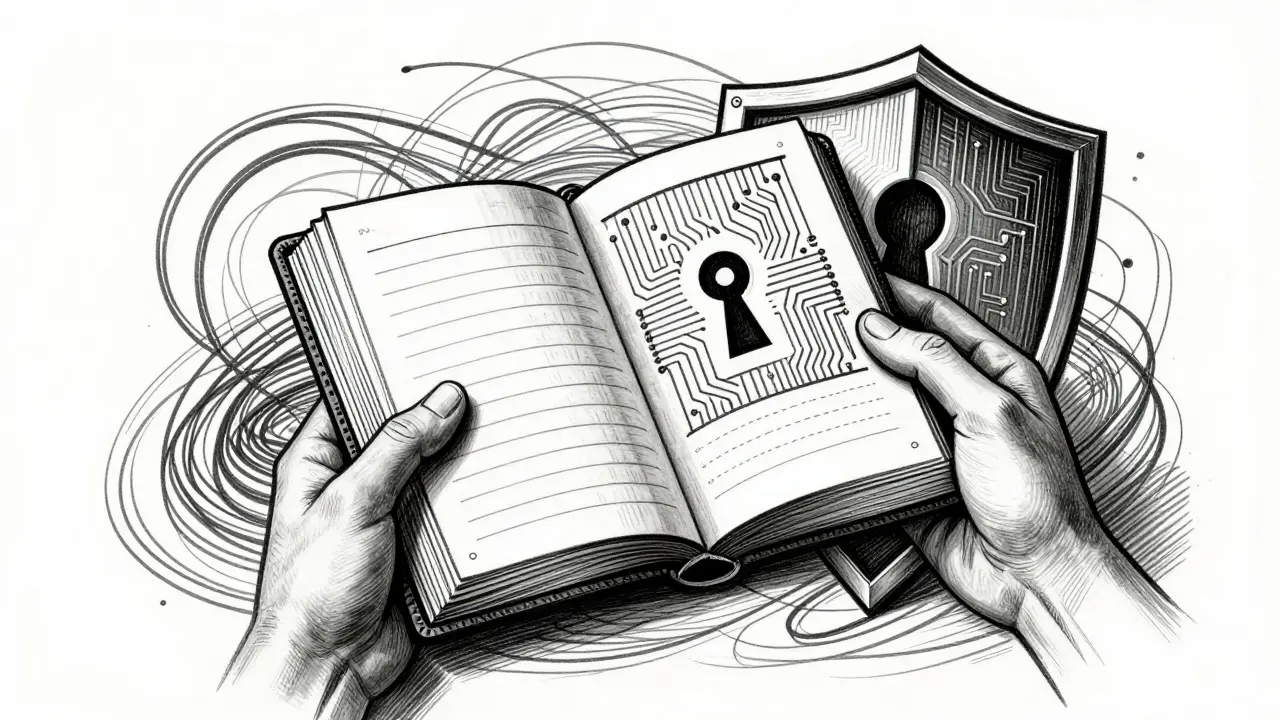 Etching showing secure wallet management and protection from scams