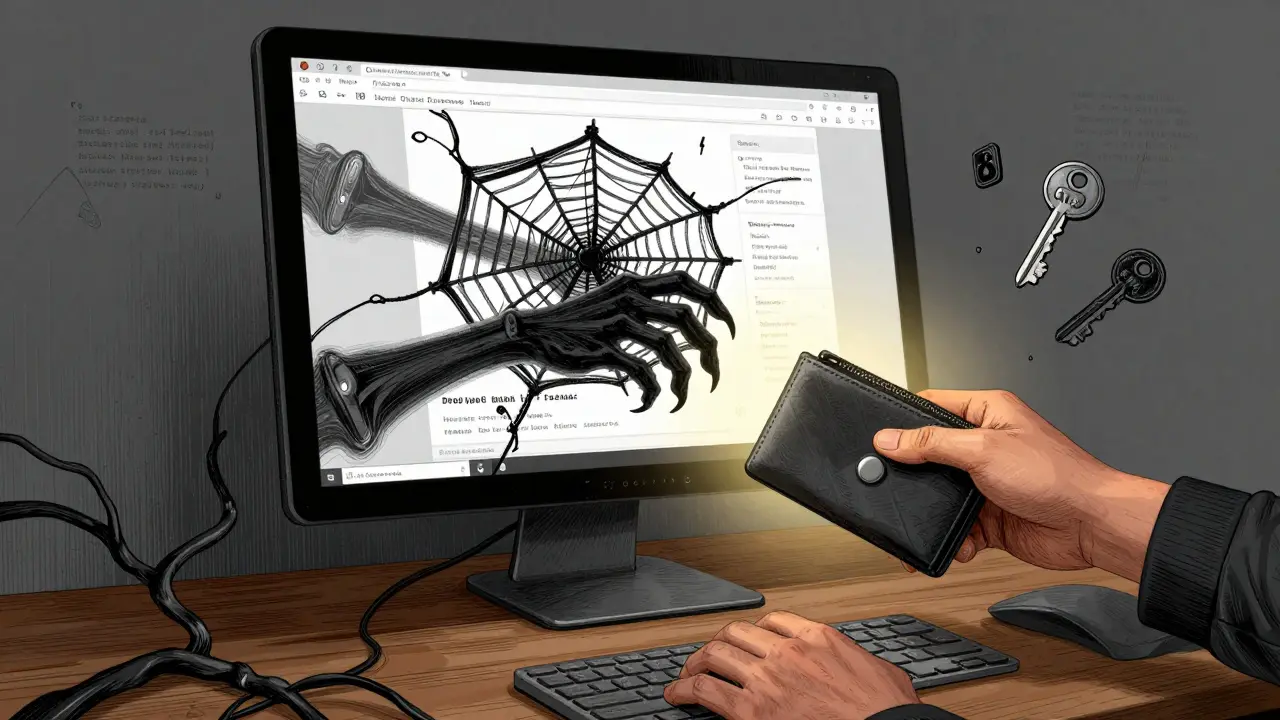 Etching warning of scam traps reaching from a computer screen towards a crypto wallet