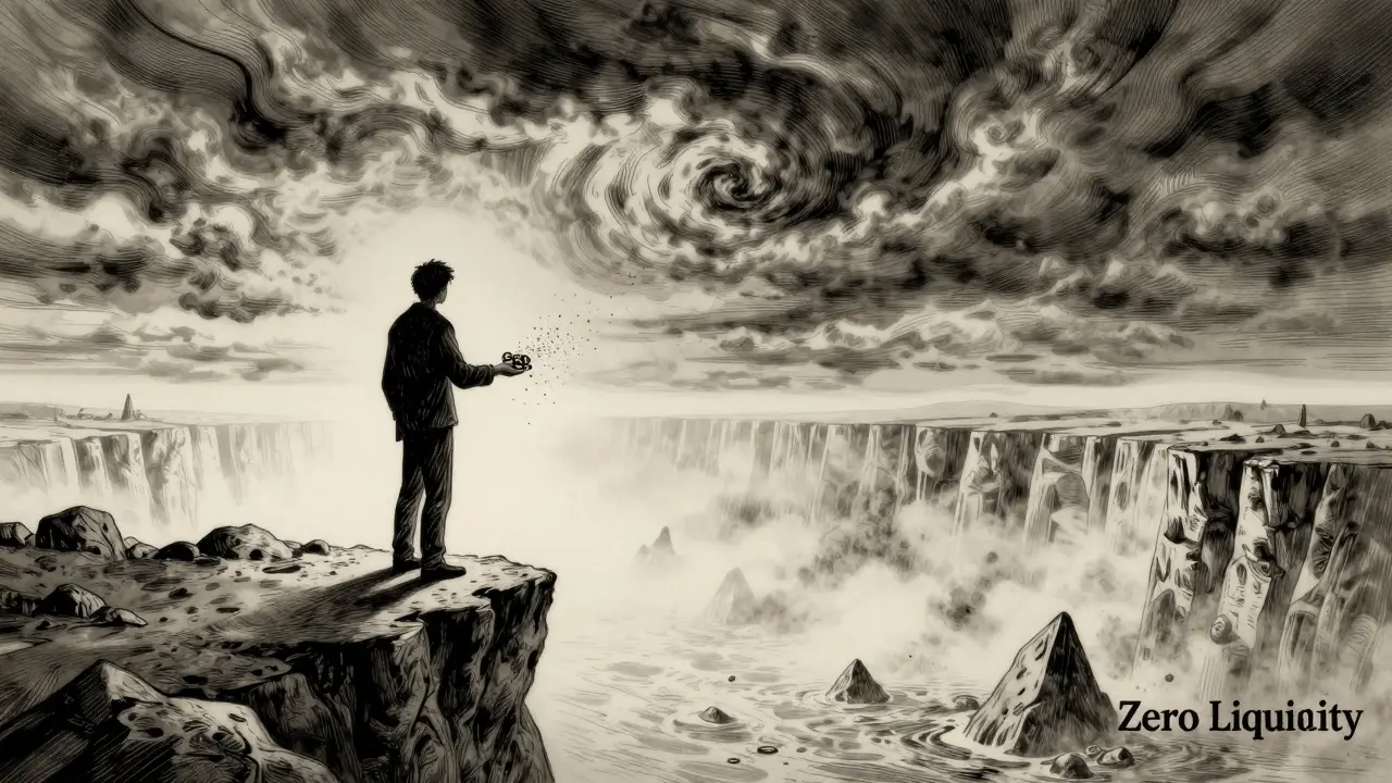 Figure losing tokens to dust on a cliff edge over an abyss