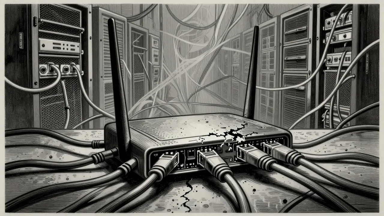 Intricate etching of tangled cables and a dusty router, representing abandoned network infrastructure.