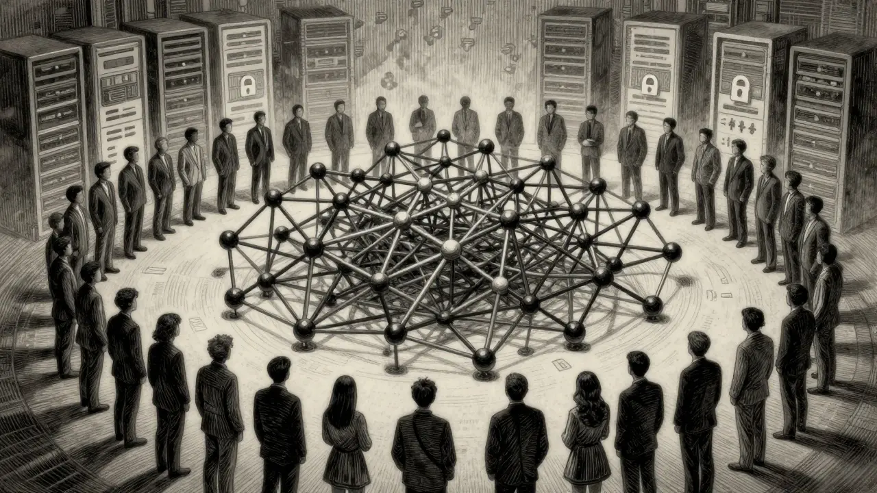 Intricate web of blockchain nodes with waiting voters