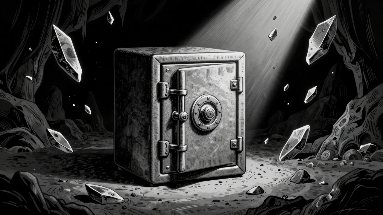 Iron safe in dark void, representing crypto security risks