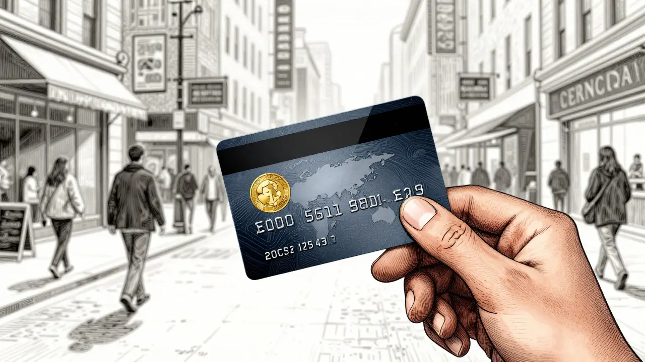 Person using a gold-backed payment card in a city