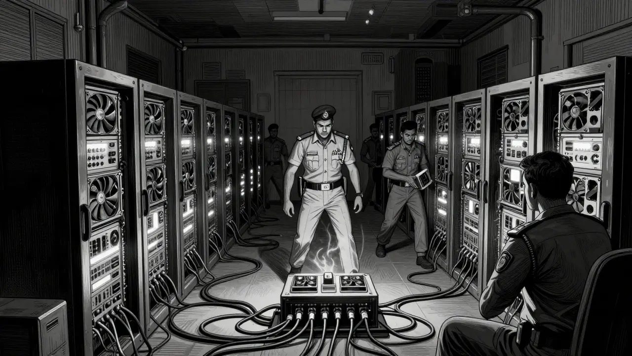 Police raiding a crypto mining farm in Dhaka, seizing equipment in an etching style.