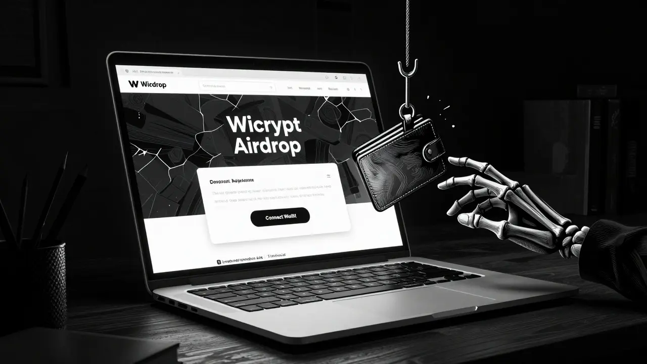 Shadowy hands reaching from a laptop screen for a crypto wallet