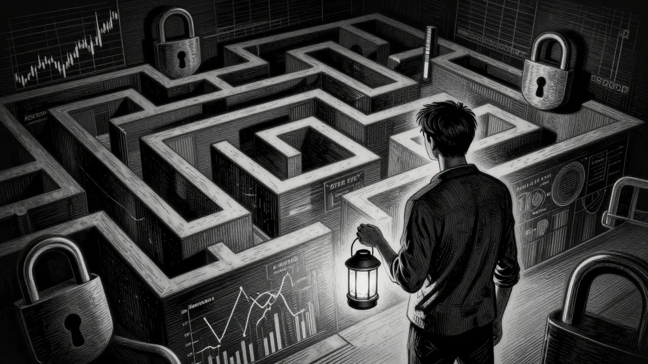 Trader cautiously inspecting risky crypto platform