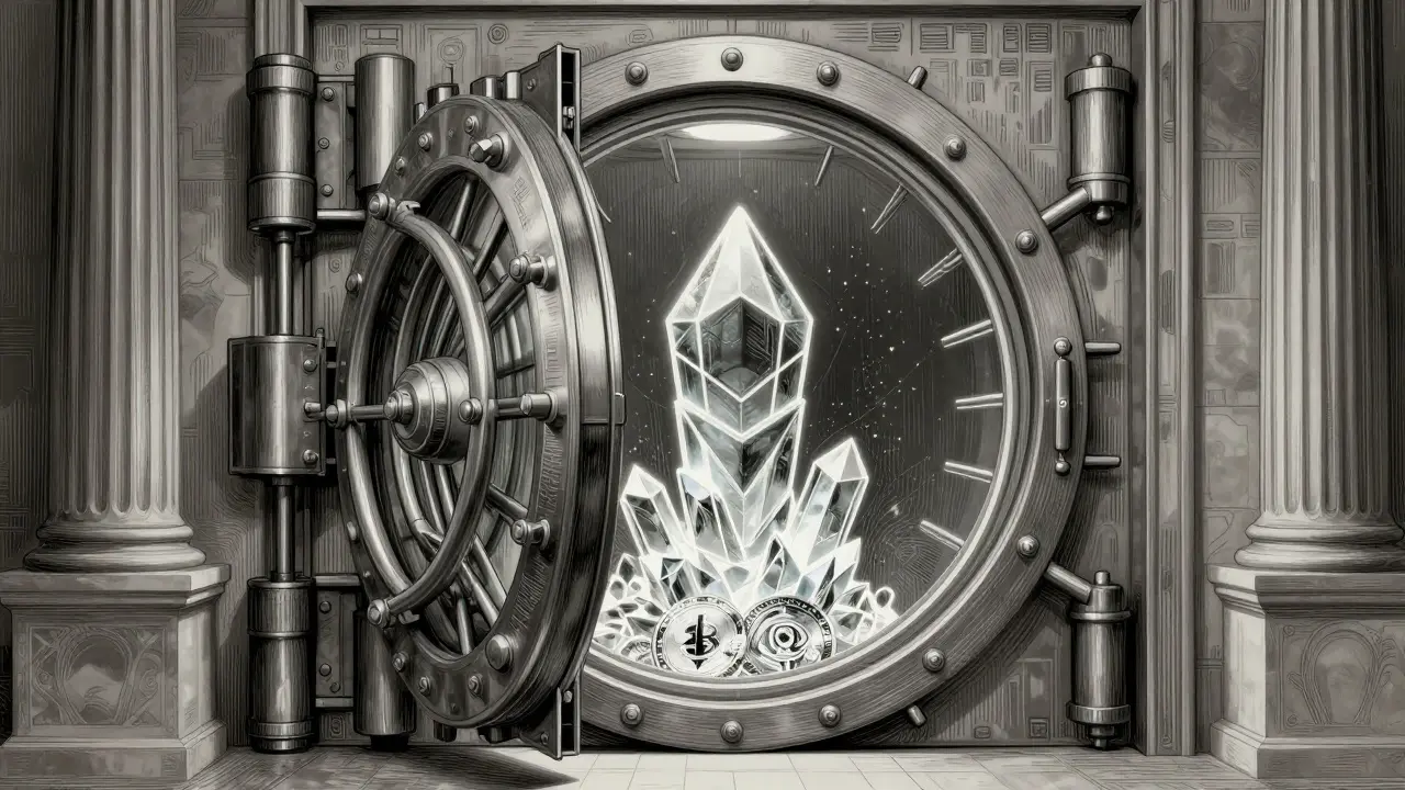 Vault door opening to reveal glowing crypto crystals, symbolizing secure long-term wealth.