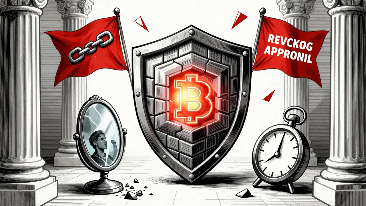 Blockchain shield protecting assets from symbolic scam red flags