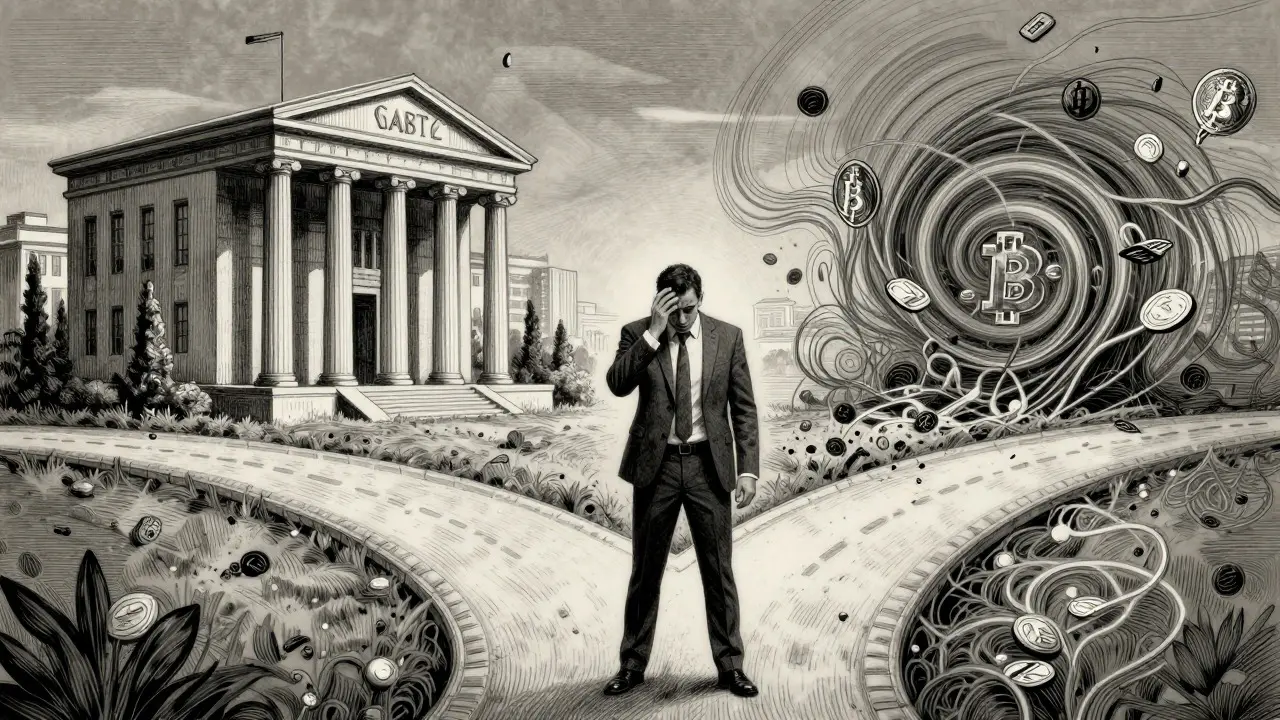 Businessman facing crypto risks, etching style