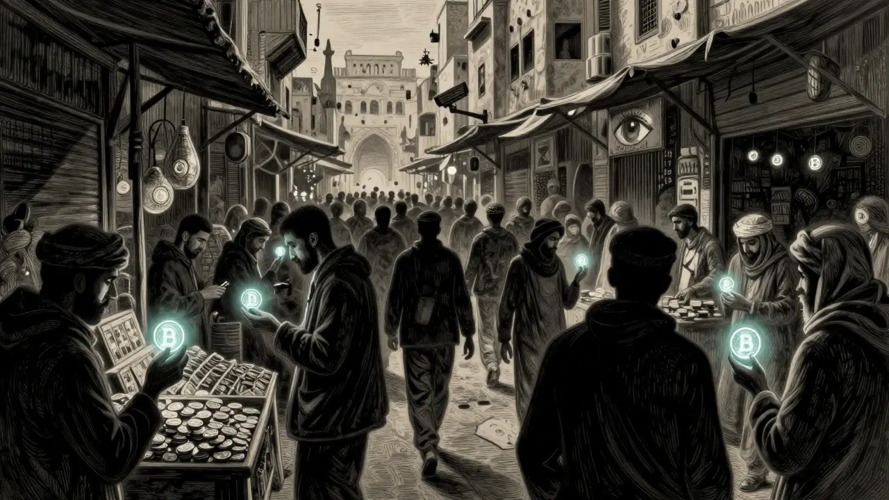 Crowd trading crypto secretly in Cairo, etching