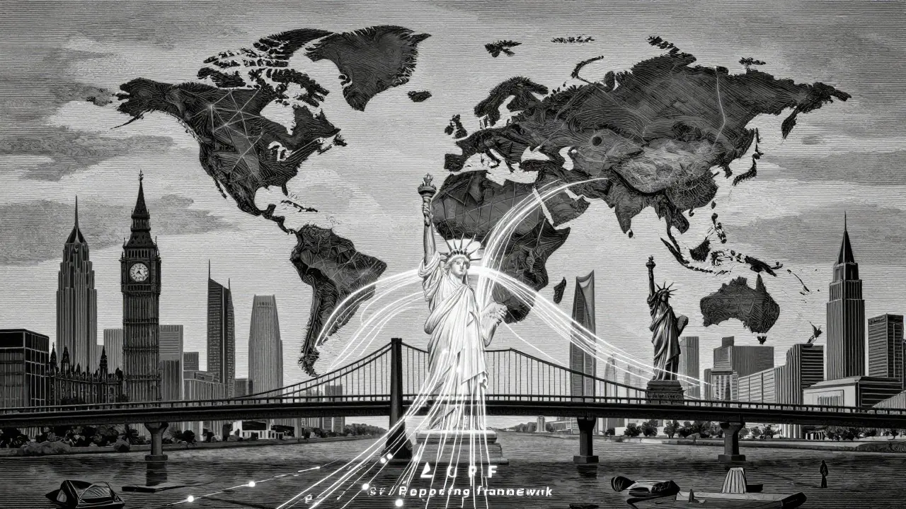Data bridge connecting UAE to global landmarks in etching style