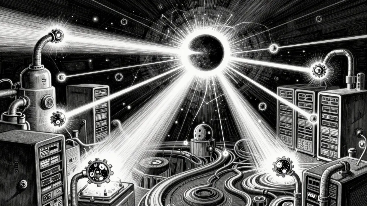 Detailed etching of a decentralized network with servers exchanging tokens.