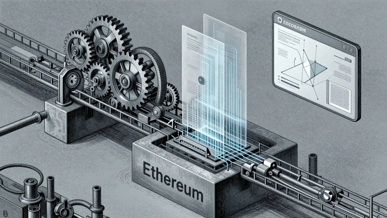 Detailed etching of mechanical gears and bridges representing zkEVM tech