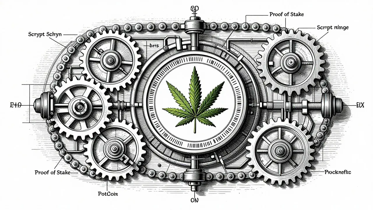 Detailed etching of PotCoin blockchain mechanics and cannabis leaf
