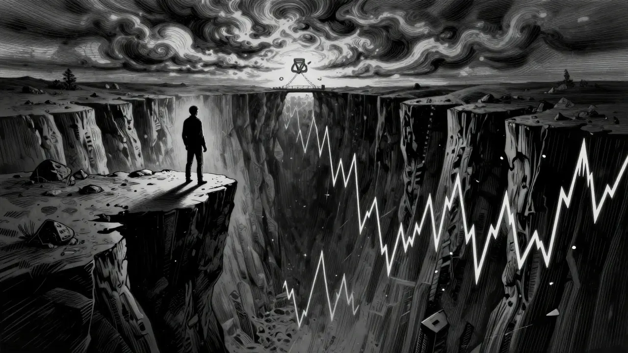 Dramatic etching of a trader facing volatile market risks on a cliff edge.