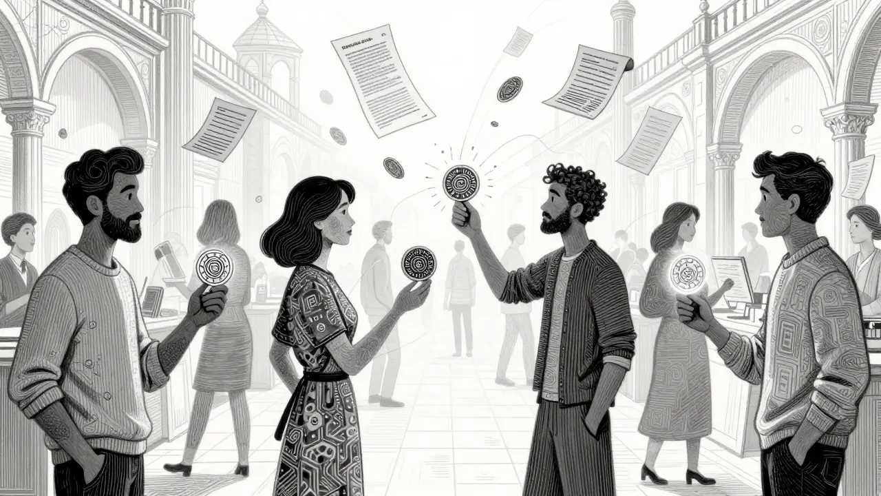 Etched scene of people trading digital assets