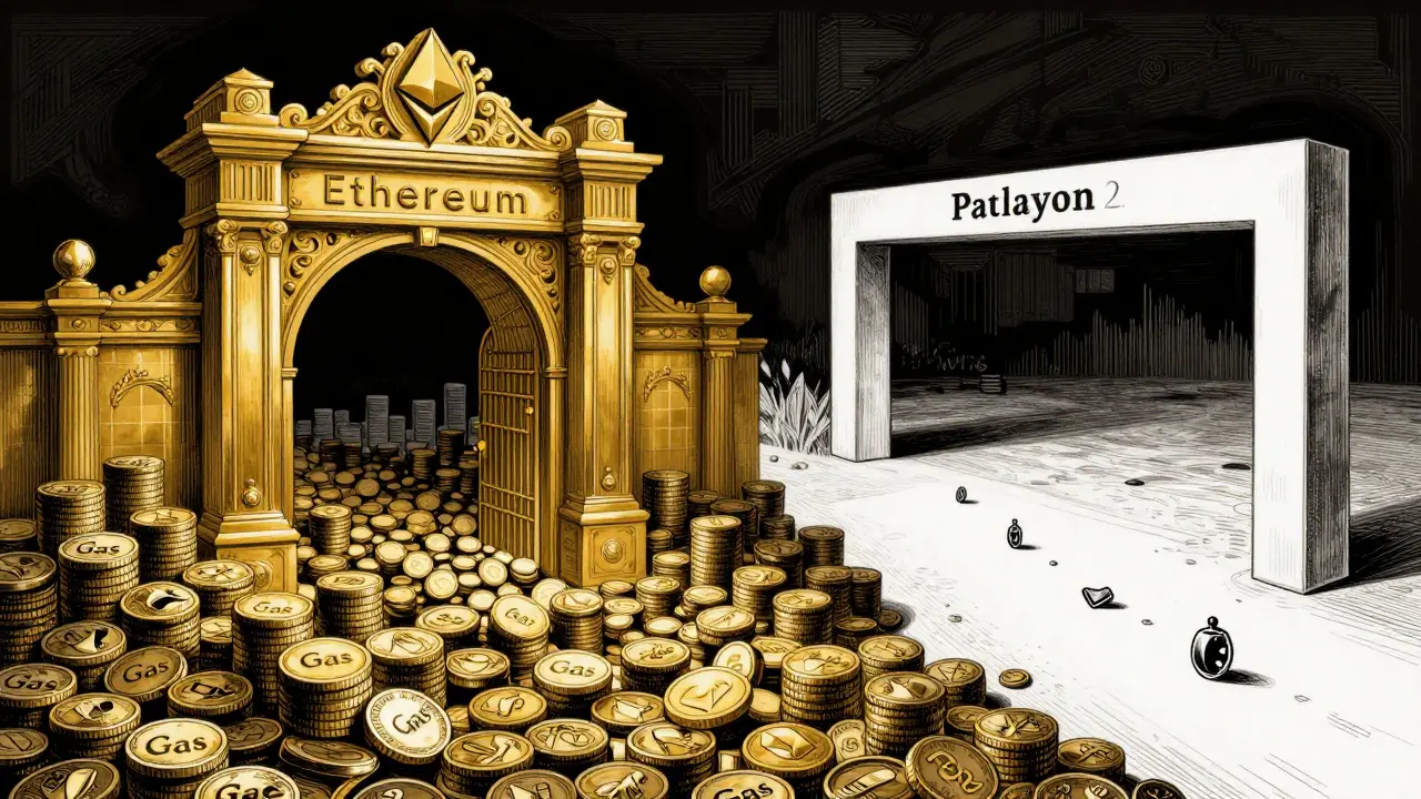 Etching comparing high Ethereum gas fees vs low-cost Polygon pathways