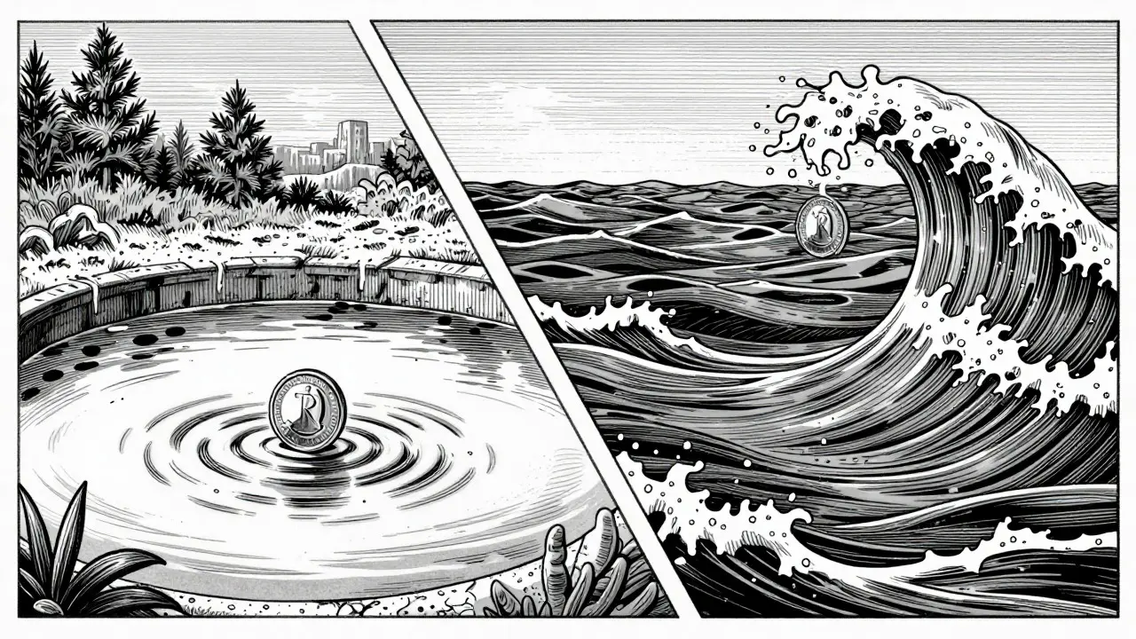 Etching comparing shallow vs deep liquidity pools in decentralized exchanges.