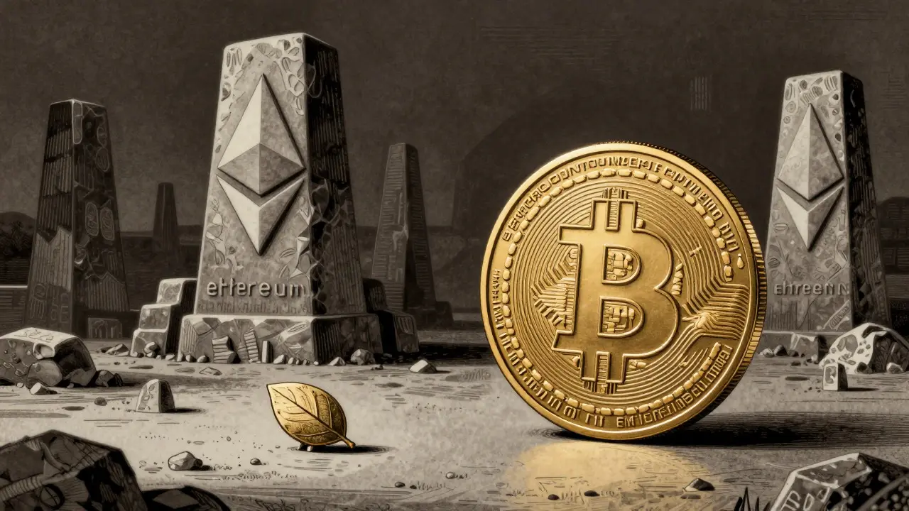 Etching comparing small PotCoin structure to giant Bitcoin towers