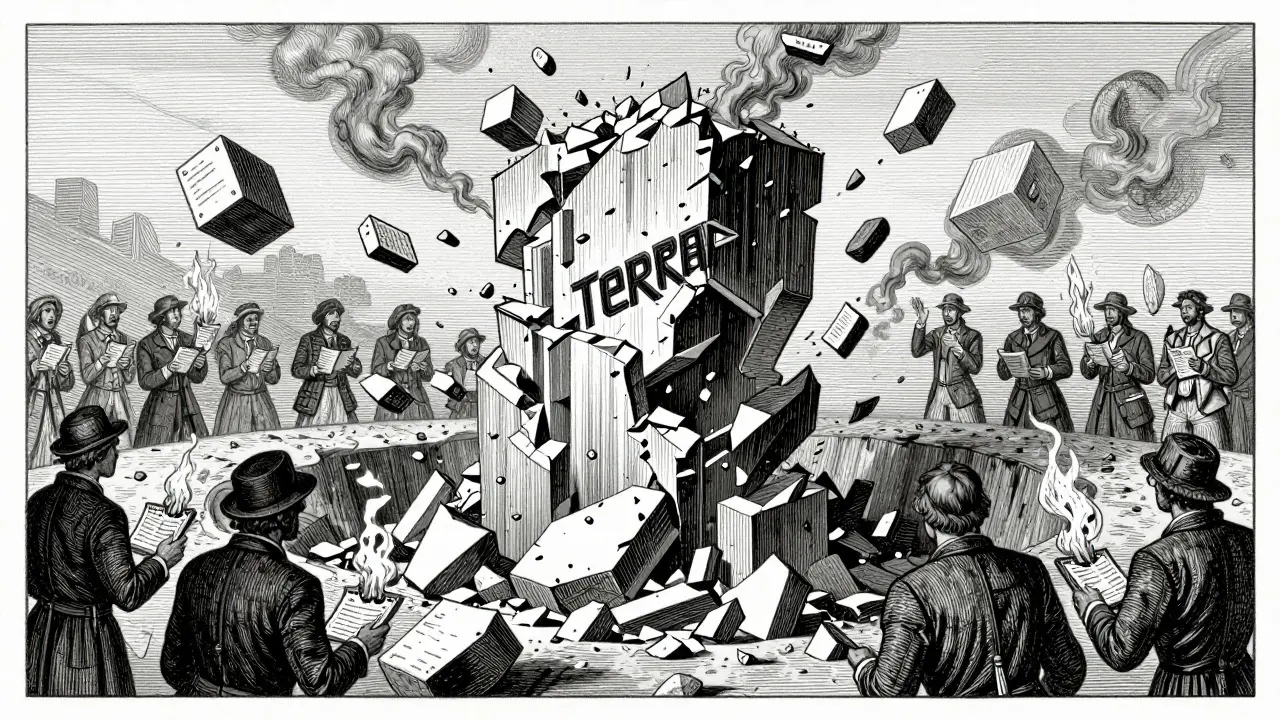 Etching of a collapsing tower symbolizing crypto crash