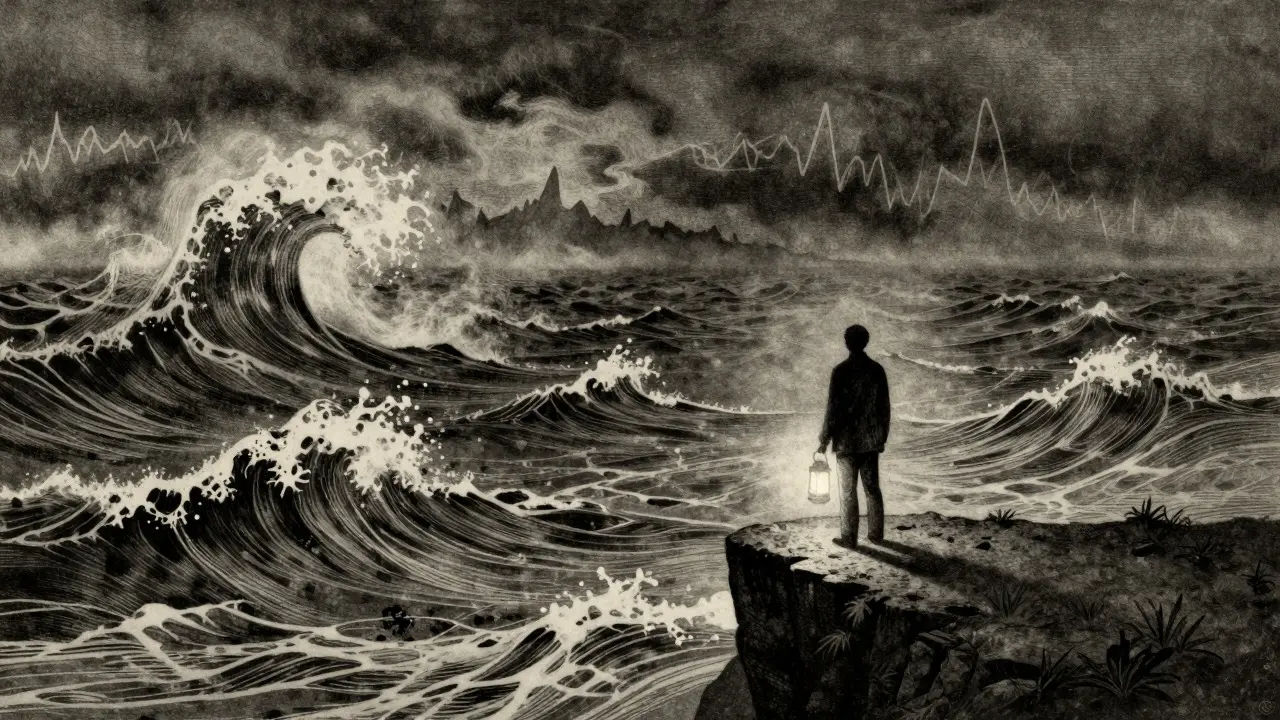 Etching of a figure overlooking turbulent seas, symbolizing market risk