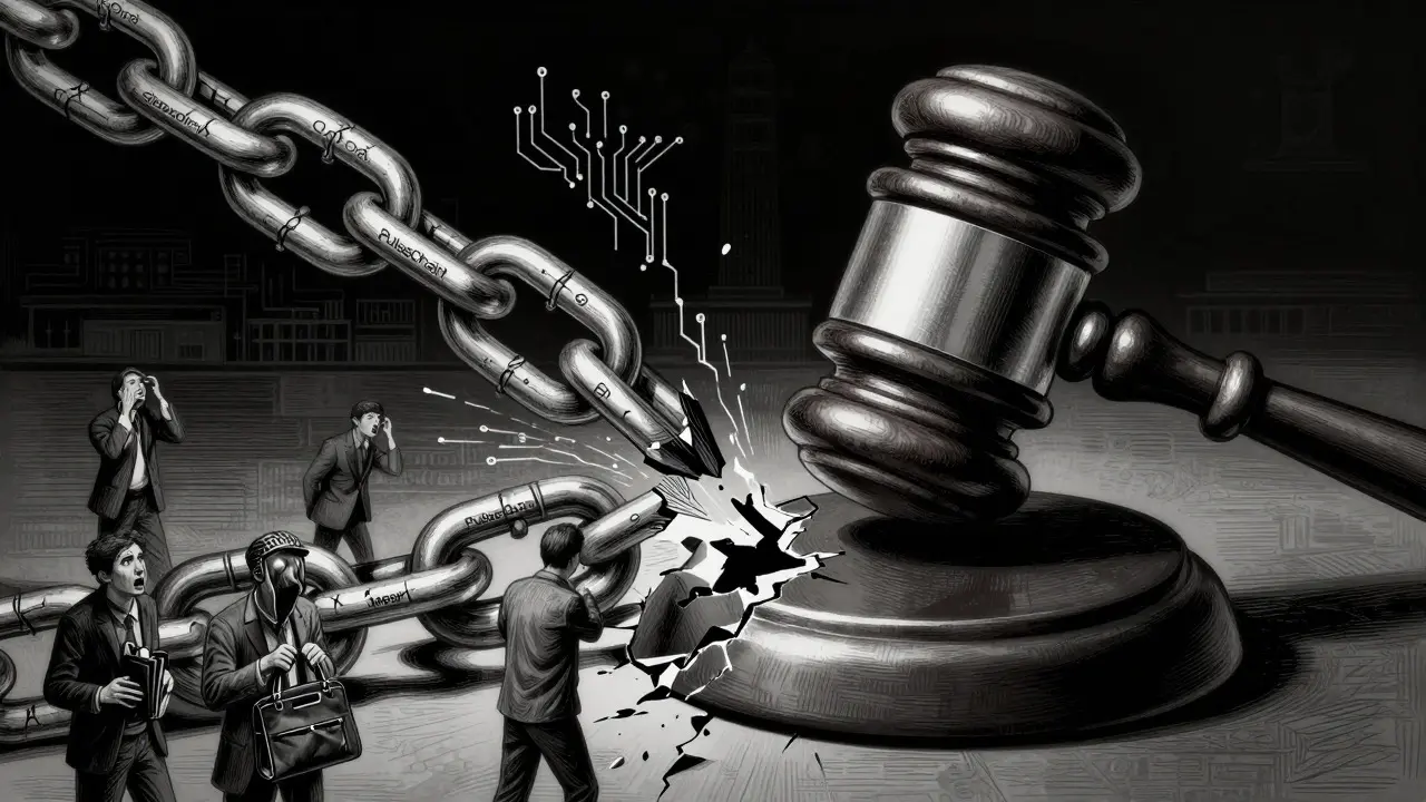 Etching of a gavel striking a fracturing blockchain chain amid anxious investors.