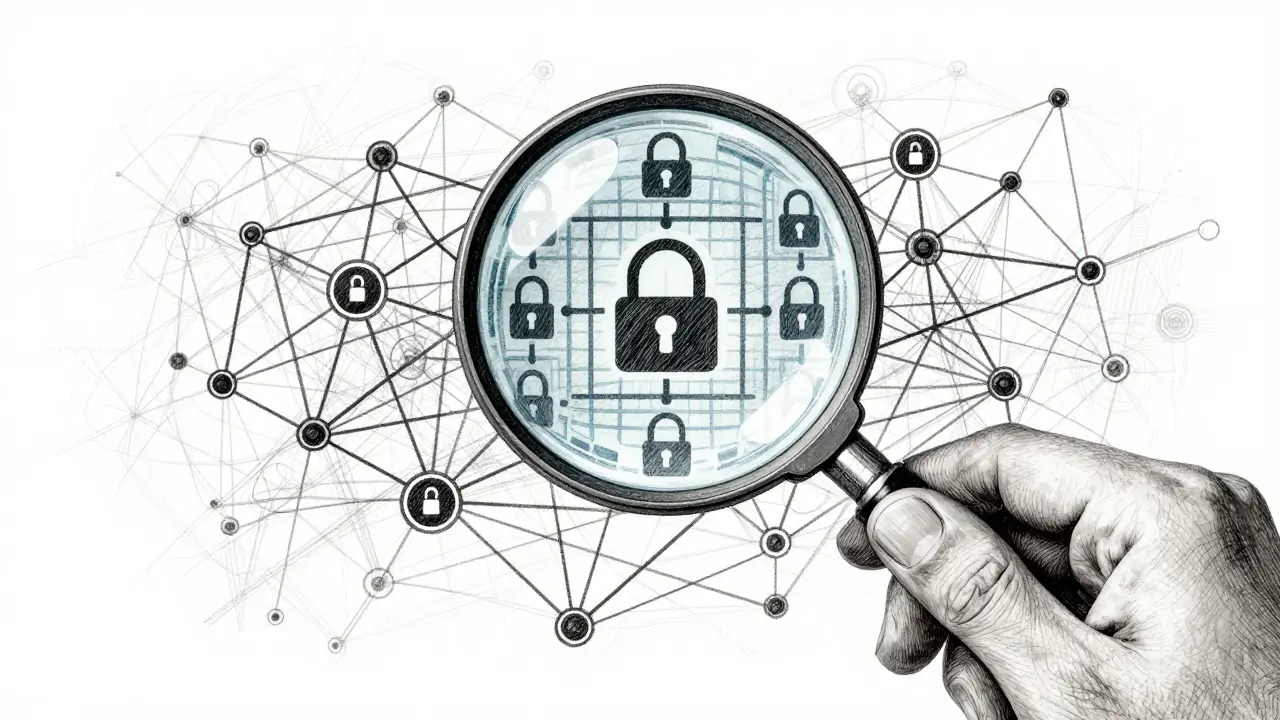 Etching of a magnifying glass inspecting a digital network for security verification.