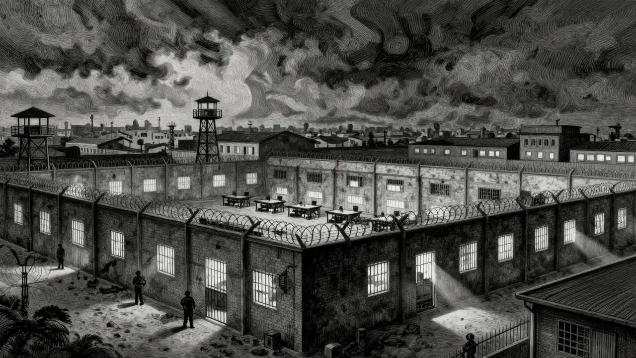Etching of a walled compound with armed guards and rows of desks inside.