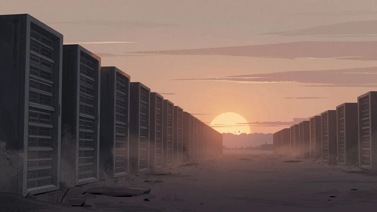 Etching of crumbling digital structures at dusk symbolizing shutdown