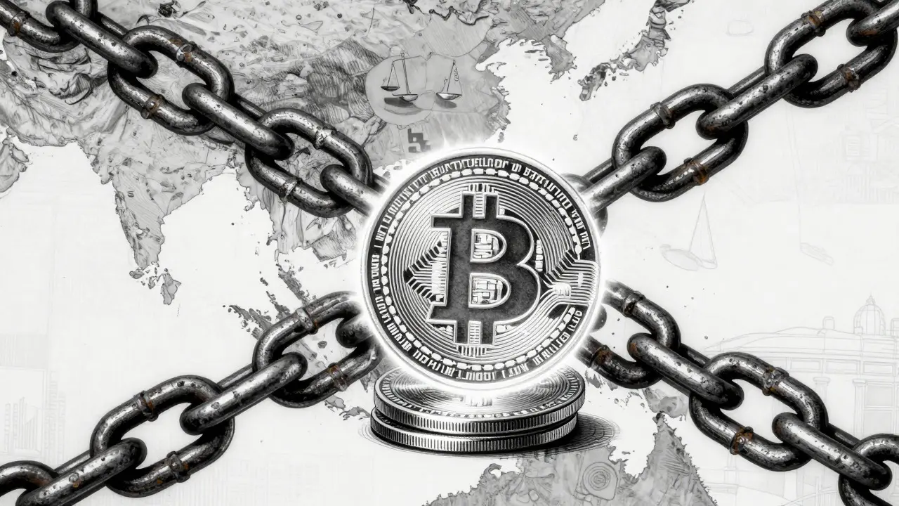 Etching of heavy chains crushing glowing cryptocurrency coins over a map.