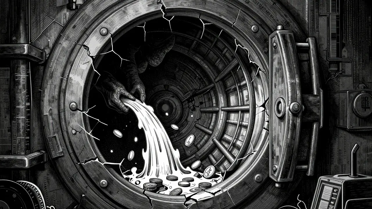 Etching showing a digital vault breach with assets draining away