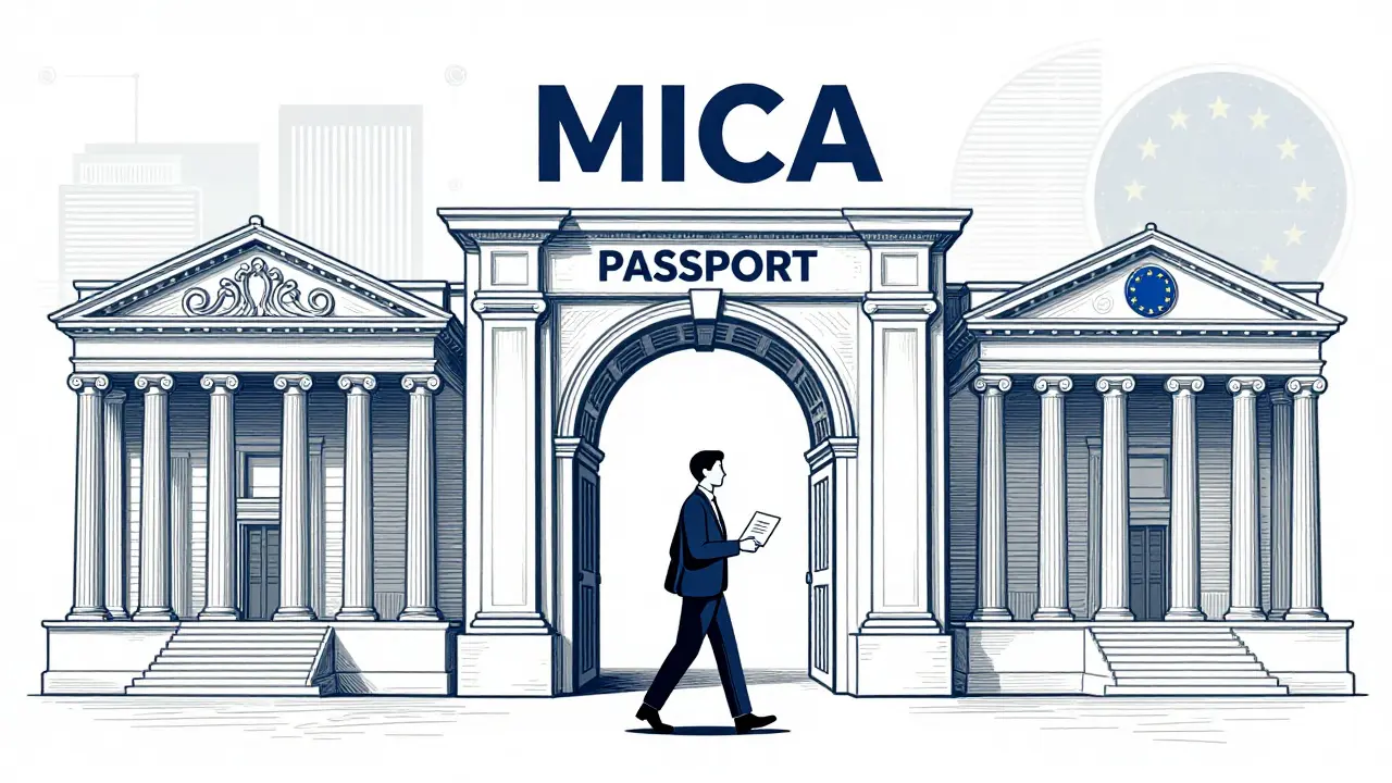 Etching showing a professional walking through an open gateway between EU countries.