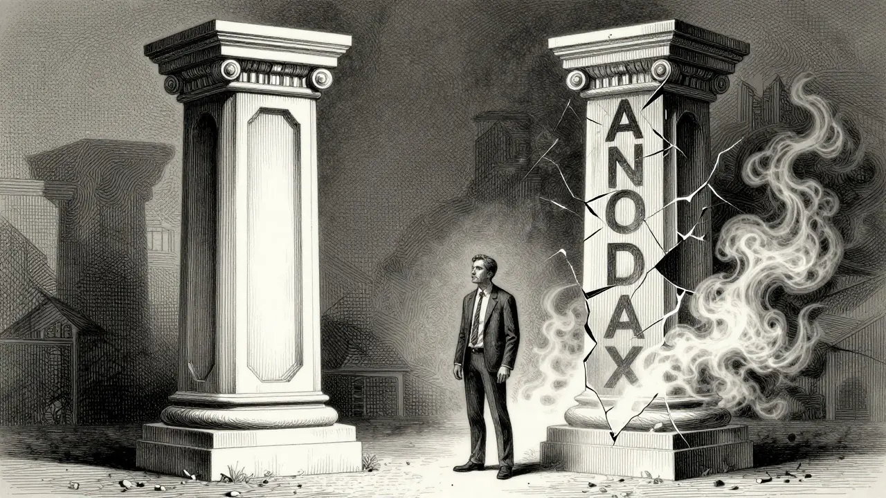 Etching showing a solid pillar vs a crumbling one, illustrating real vs fake exchanges.