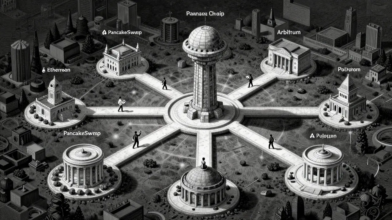 Etching showing PancakeSwap hub connecting multiple blockchain paths