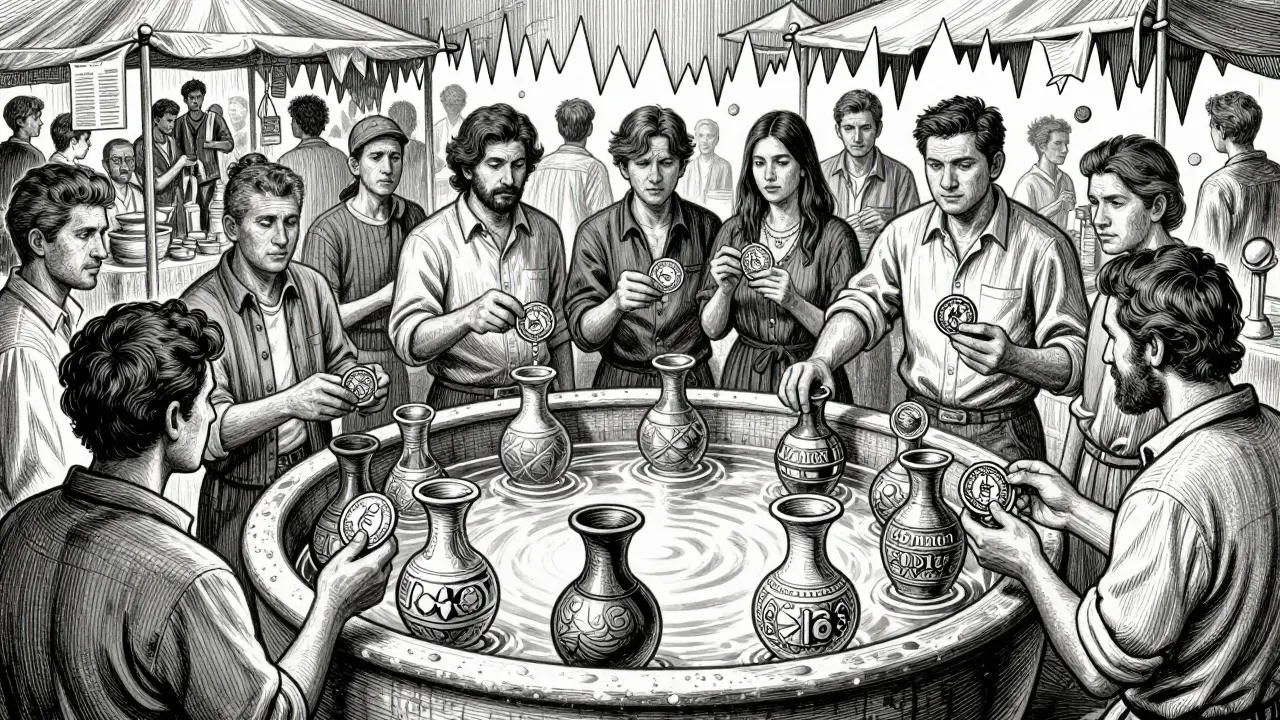 Etching showing stablecoin pools and eight-token vessels in a textured marketplace.