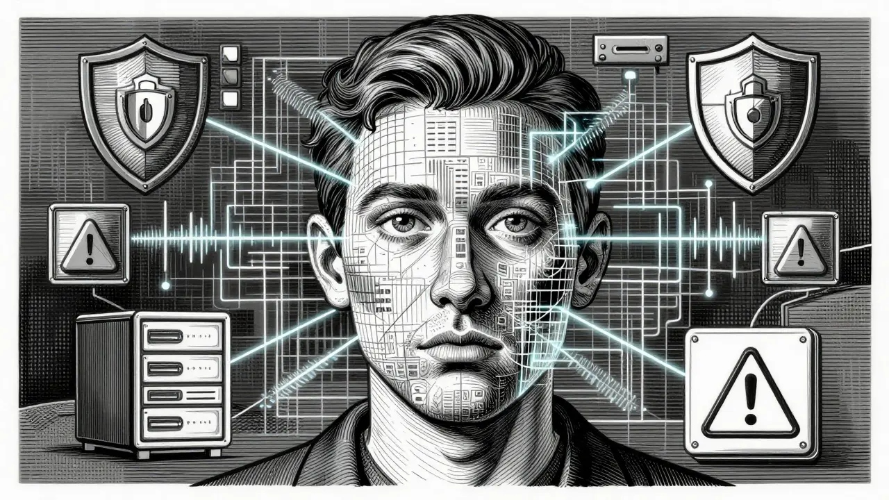 Face scanned by biometric grids and AI detection algorithms