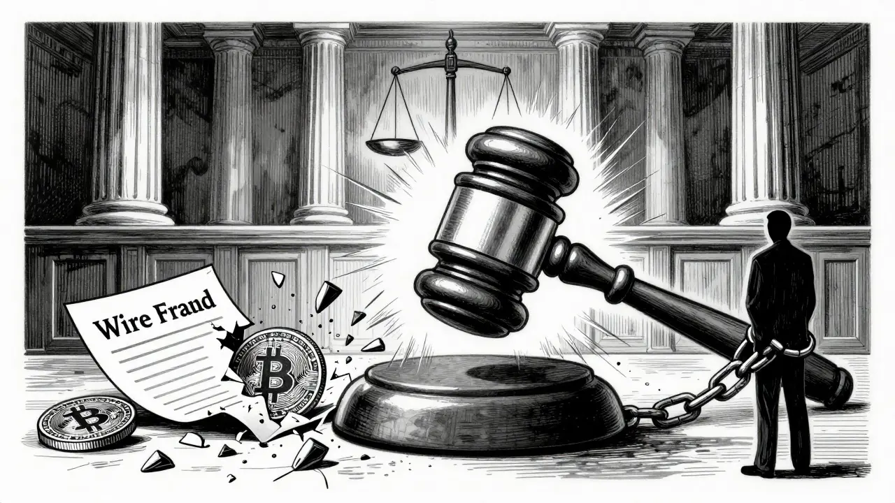 Gavel striking down on symbols of crypto fraud and legal penalties