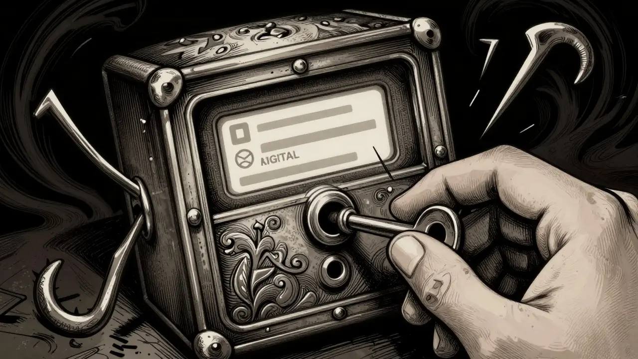 Hand hovering over a secure lockbox surrounded by phishing traps