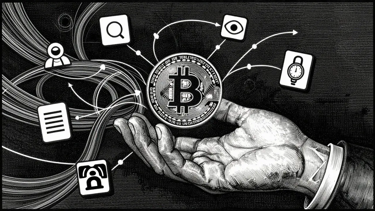 Hand reaching for a crypto token surrounded by data stream lines