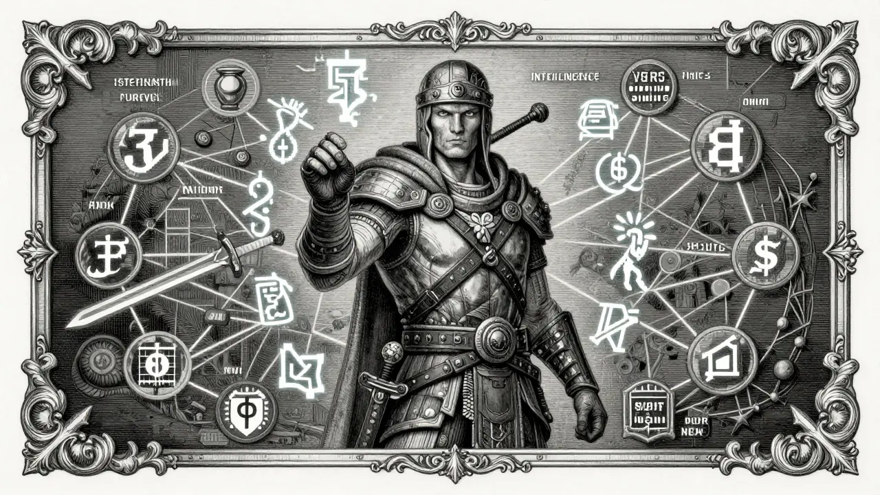 Hero character with floating stats linking gameplay to finance