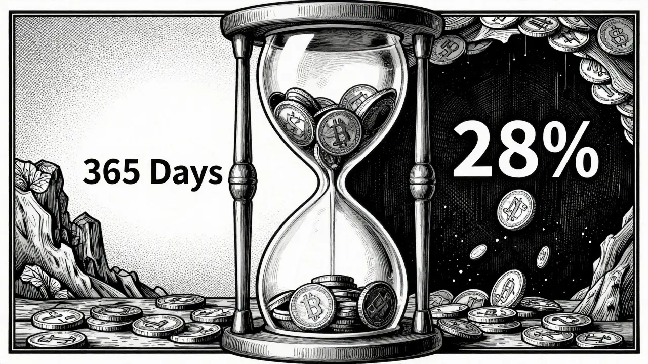 Hourglass with crypto coins showing 365-day tax rule split
