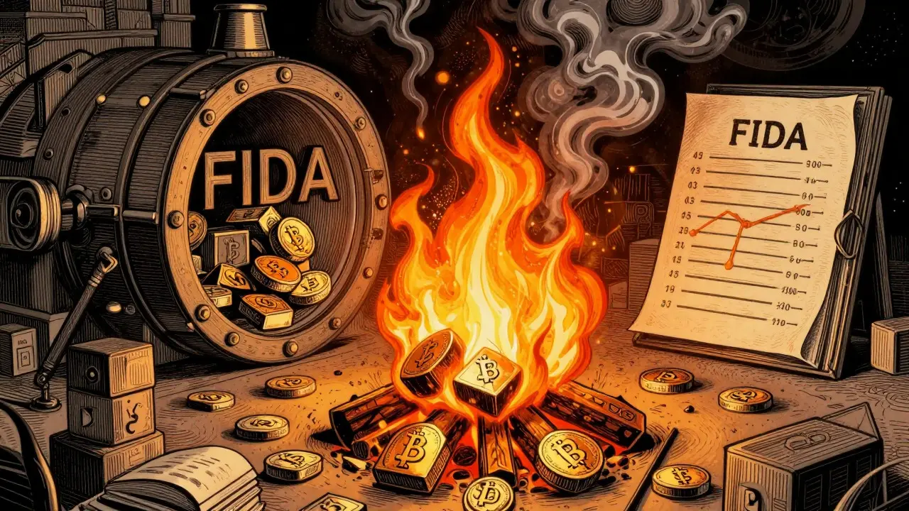 Ink drawing of tokens being burned by flames to reduce supply